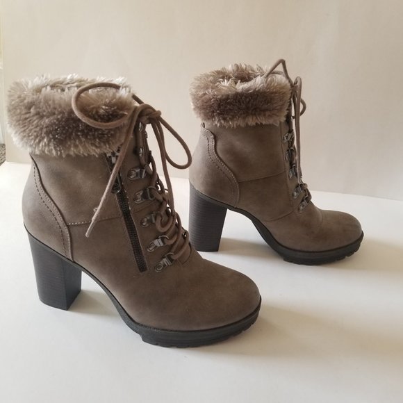G by Guess Taupe Lace Up Faux Fur Heeled Boots w/ Zipper  size 9 - Picture 2 of 10